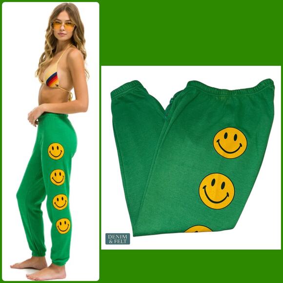 Aviator Nation Green Smiley Face Sweatpants Retro Lounge Pants Size Small - Picture 1 of 14